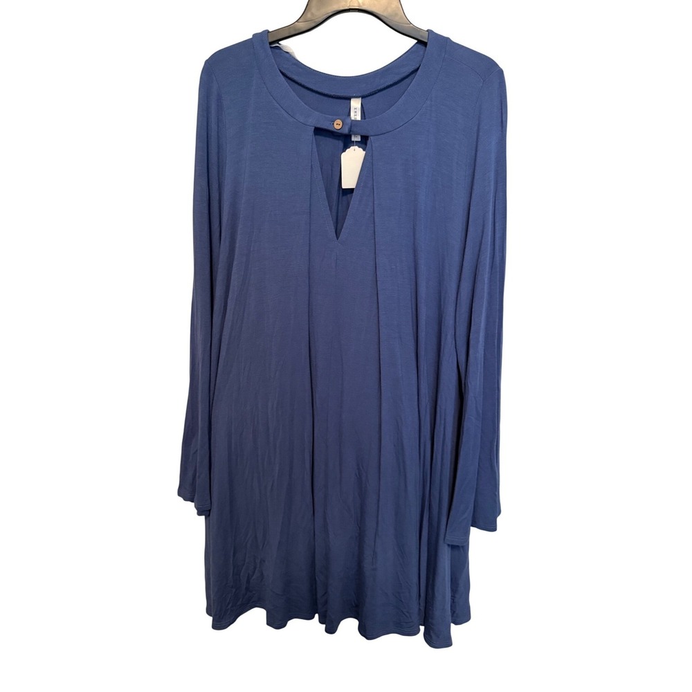 Emerald USA Blue Long Sleeve Keyhole Casual Tunic Dress Women's 1X Stretchy